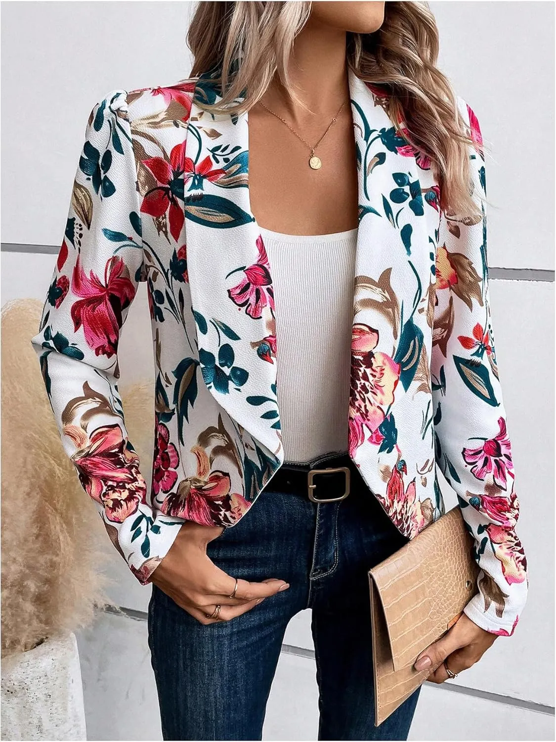 SweatyRocks Women's Lapel Floral Print Blazer Long Sleeve Draped Open Front Jacket