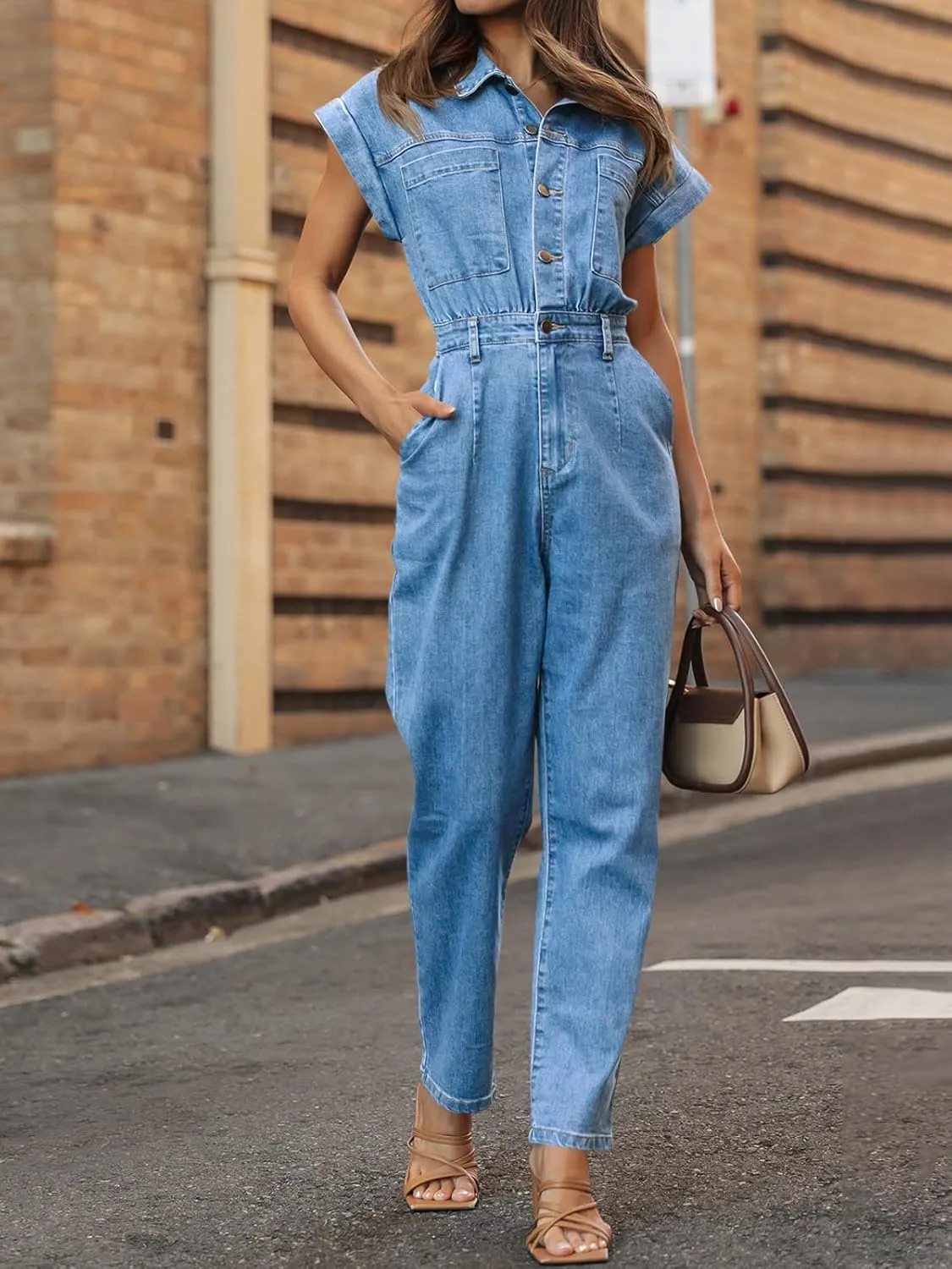 Tongmingyun Women's Cap Sleeve Denim Jumpsuit Button Down Straight Leg Jeans Long Pants Rompers with Pockets