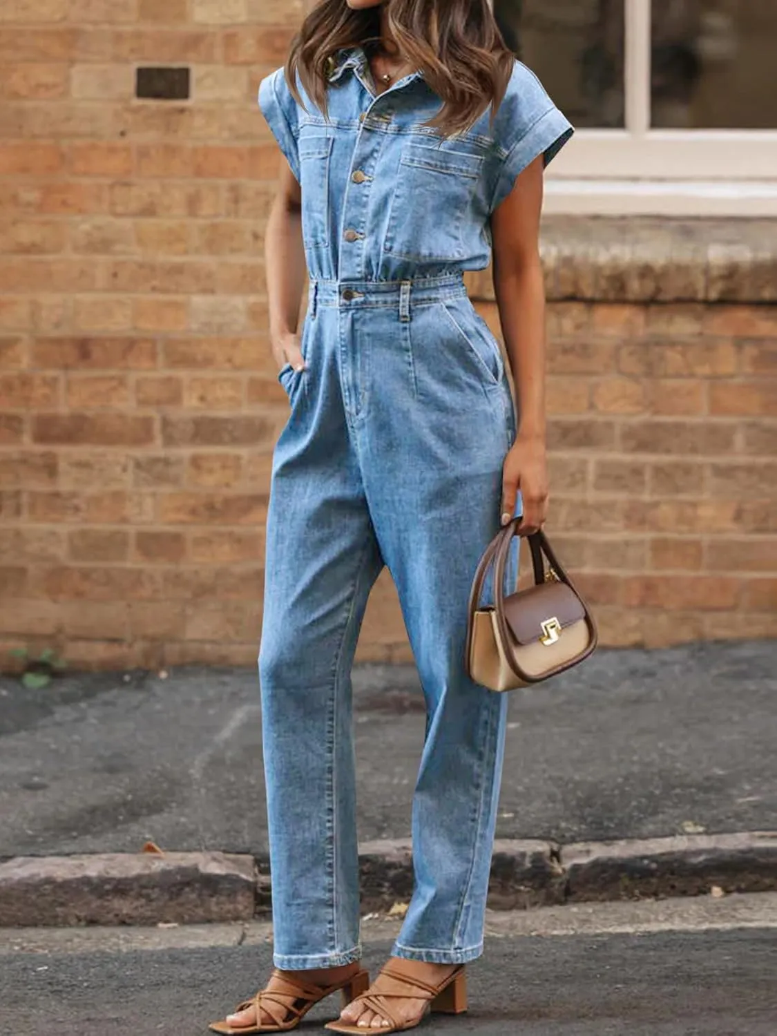 Tongmingyun Women's Cap Sleeve Denim Jumpsuit Button Down Straight Leg Jeans Long Pants Rompers with Pockets