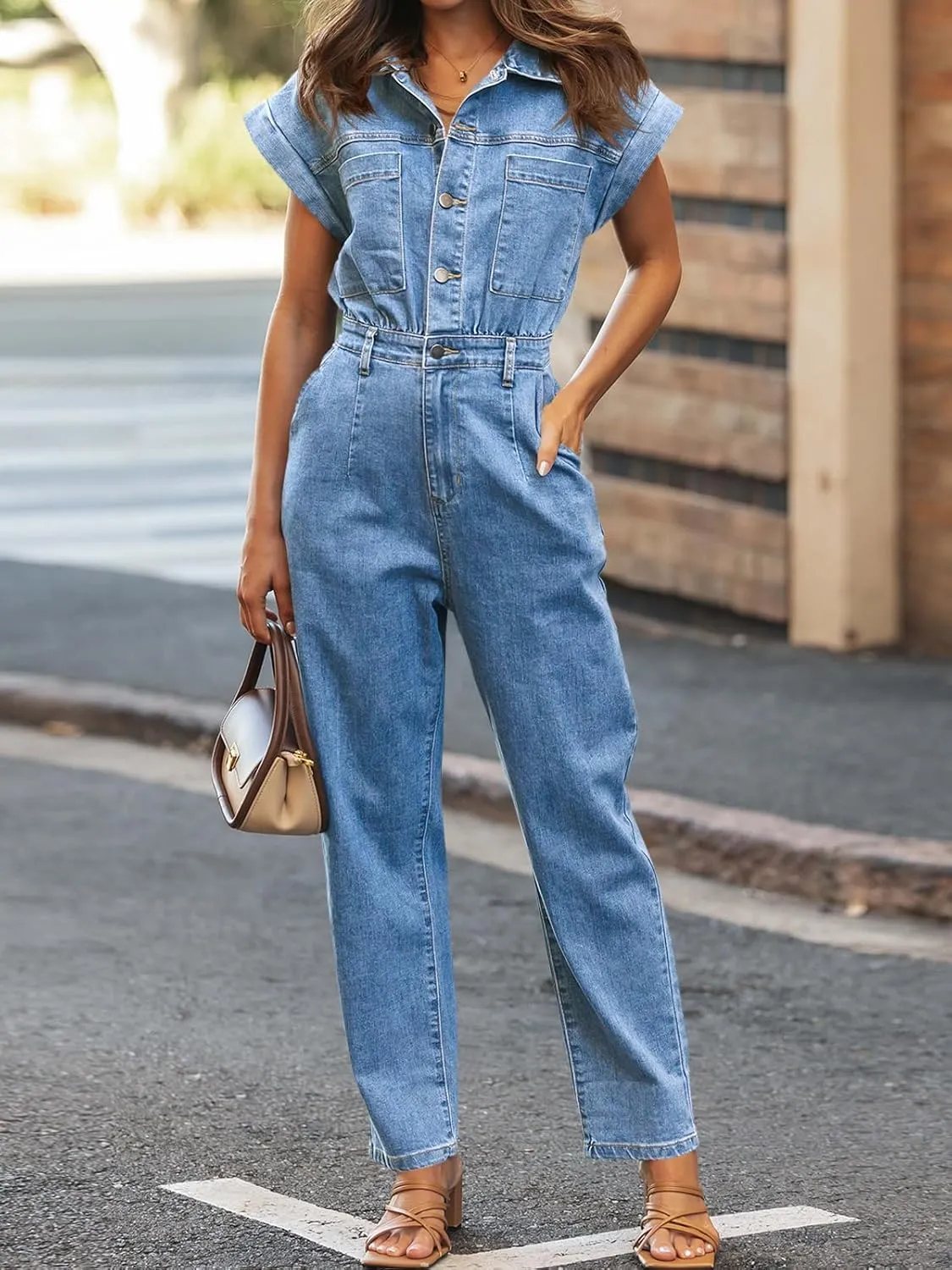 Tongmingyun Women's Cap Sleeve Denim Jumpsuit Button Down Straight Leg Jeans Long Pants Rompers with Pockets