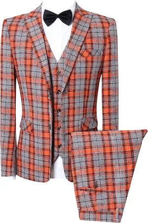 UNINUKOO Mens Suit Slim Fit 3 Piece Plaid Checked Tuxedo Formal Business Wedding Suits for Men