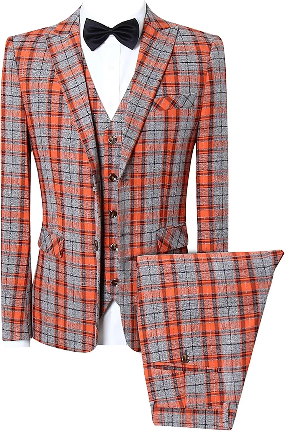 UNINUKOO Mens Suit Slim Fit 3 Piece Plaid Checked Tuxedo Formal Business Wedding Suits for Men