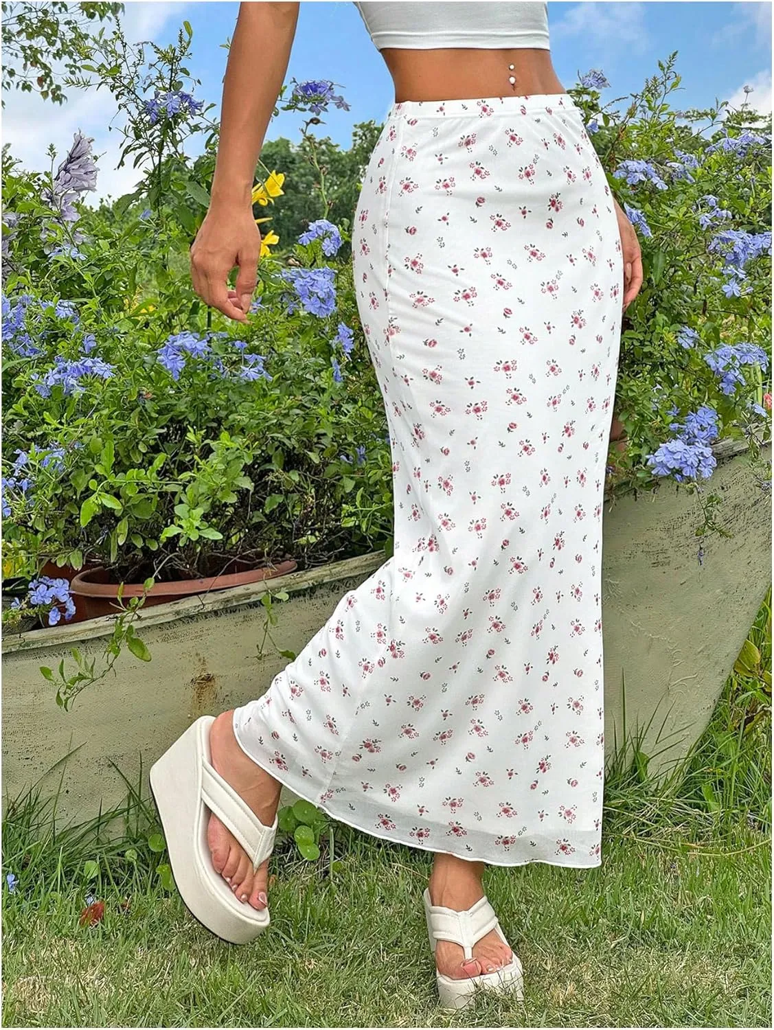 Verdusa Women's Boho Floral Print Drop Waist Fishtail Skirts Holiday Long Bodycon Skirts