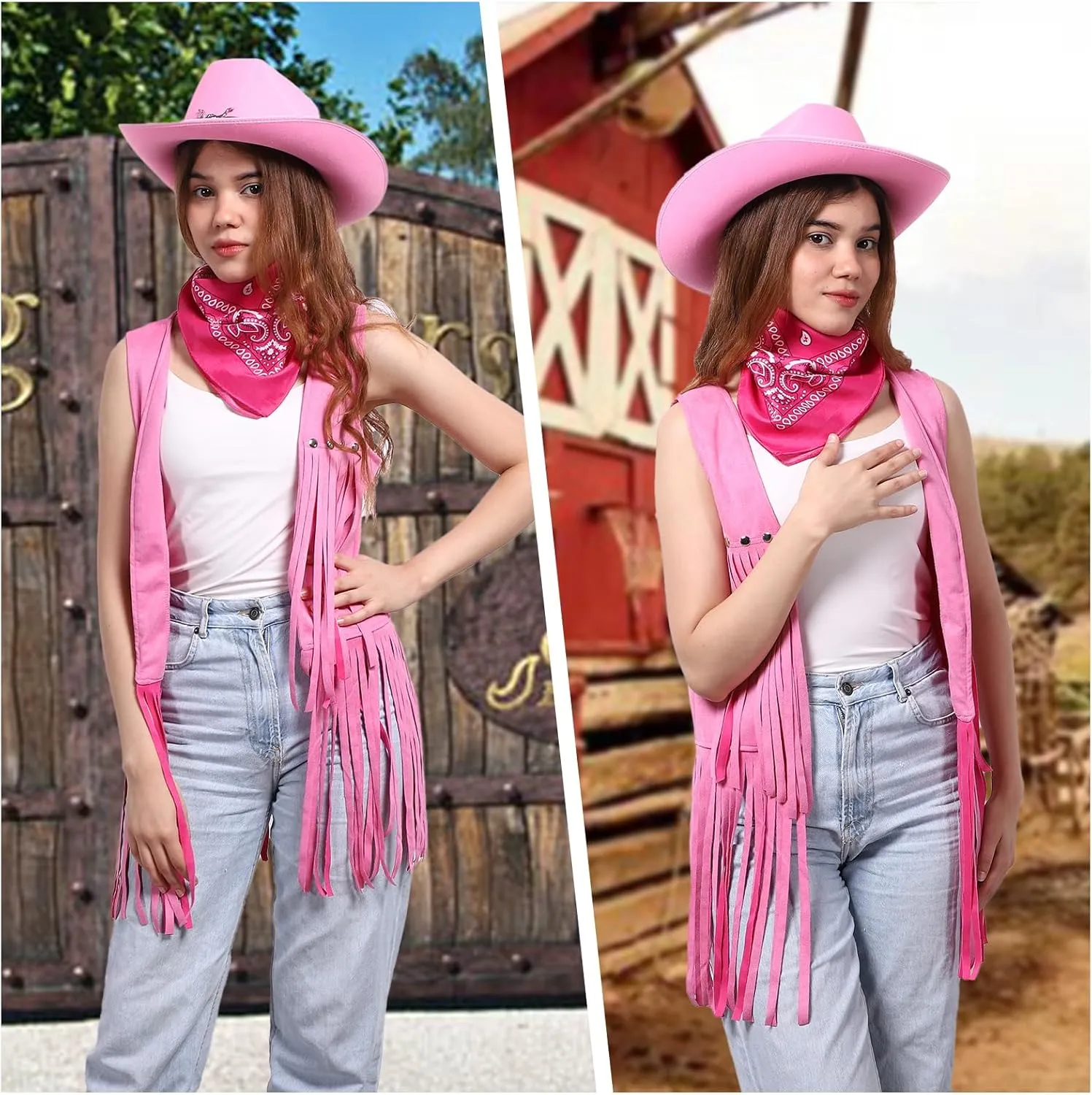 Western Outfits for Women Cowgirl Tassel Sleeveless Vest Cowboy Hat and Paisley Bandana