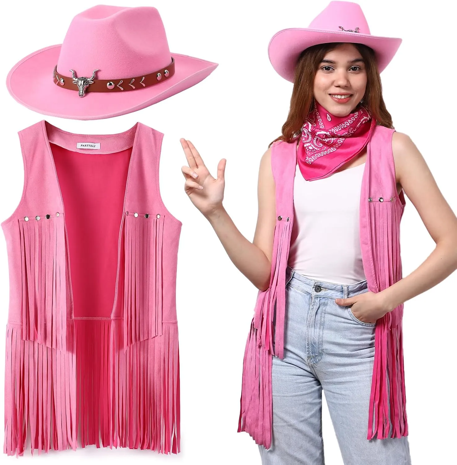 Western Outfits for Women Cowgirl Tassel Sleeveless Vest Cowboy Hat and Paisley Bandana