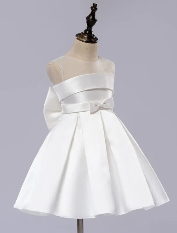 White Satin Pageant Dinner Dress Tutu Toddlers Knee Length Flower Girl Dress