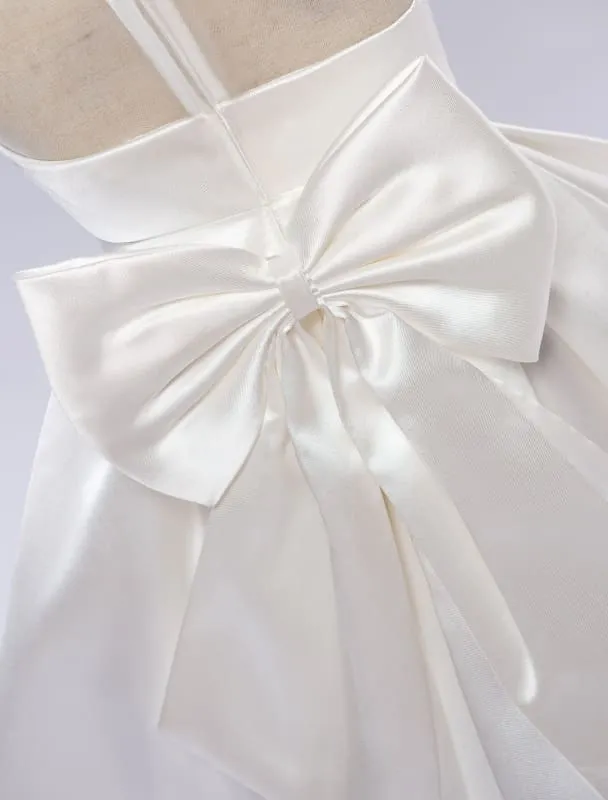 White Satin Pageant Dinner Dress Tutu Toddlers Knee Length Flower Girl Dress