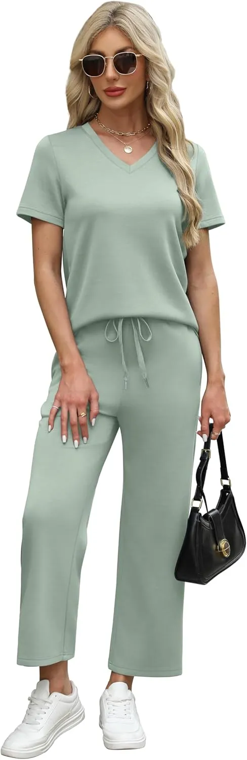 WIHOLL 2 Piece Sets for Women Summer Lounge Set Wide Leg Pants Matching Set Vacation Travel Outfits Beach Clothing