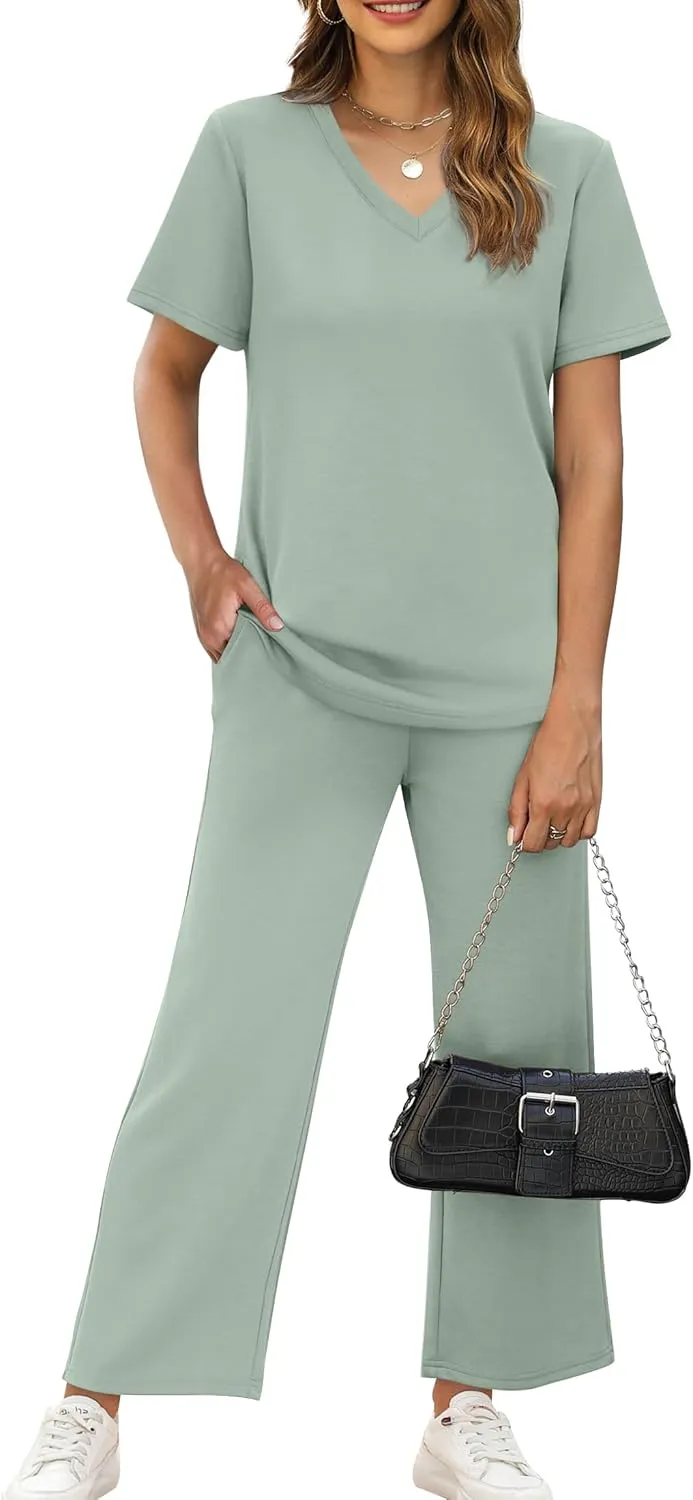 WIHOLL 2 Piece Sets for Women Summer Lounge Set Wide Leg Pants Matching Set Vacation Travel Outfits Beach Clothing
