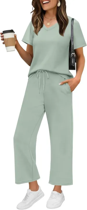 WIHOLL 2 Piece Sets for Women Summer Lounge Set Wide Leg Pants Matching Set Vacation Travel Outfits Beach Clothing