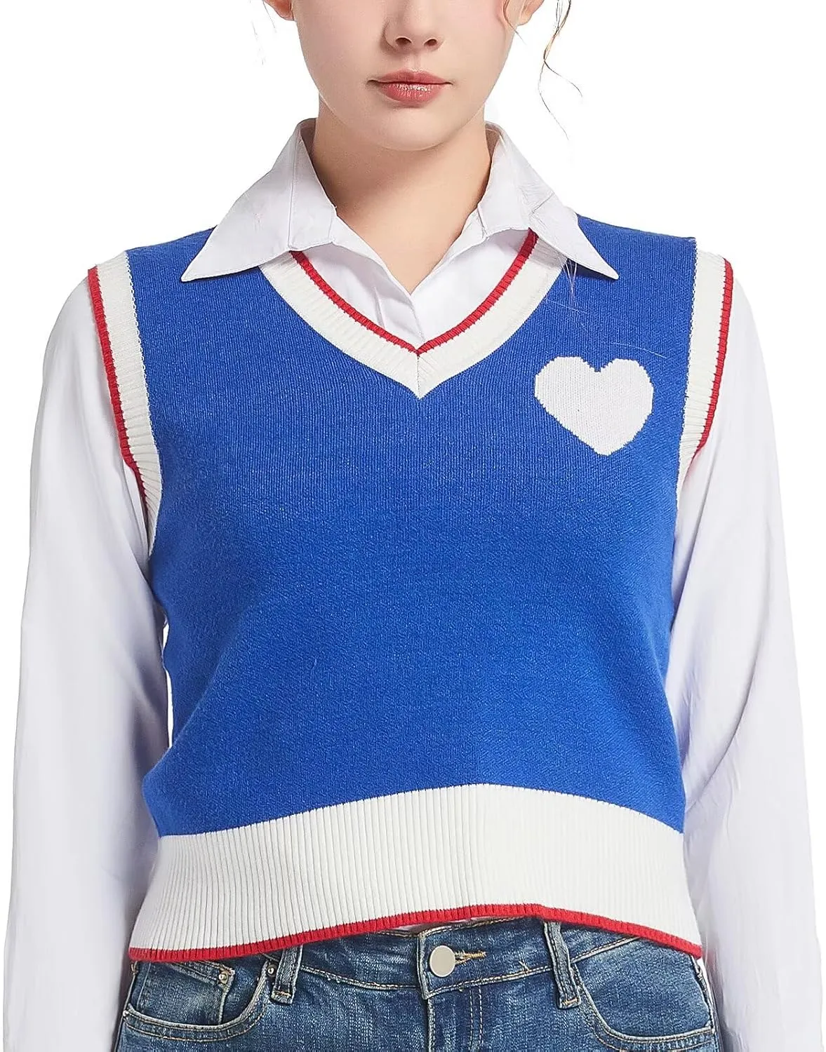 Women Sweater Vest Top for Girl Sleeveless V Neck Short Pullover Tank Color Block Striped Classical Cable Knit
