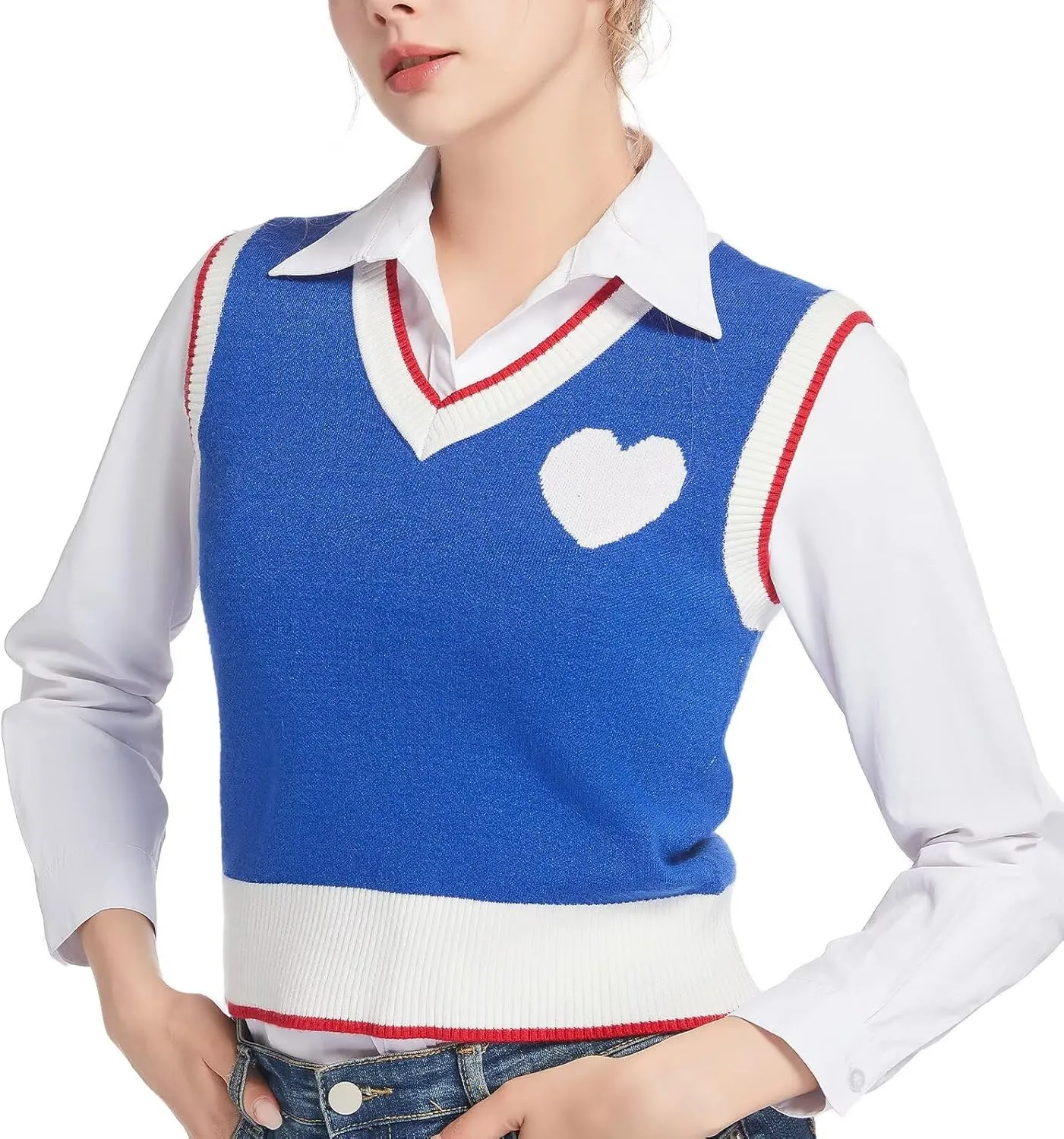 Women Sweater Vest Top for Girl Sleeveless V Neck Short Pullover Tank Color Block Striped Classical Cable Knit