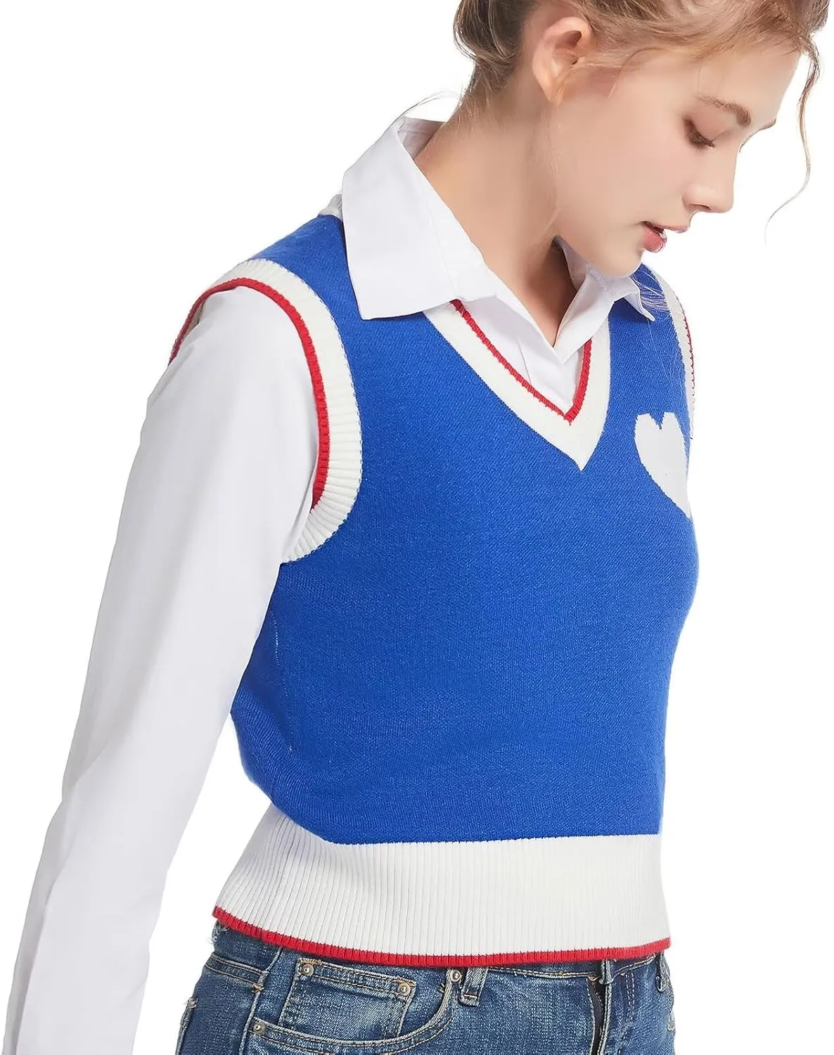 Women Sweater Vest Top for Girl Sleeveless V Neck Short Pullover Tank Color Block Striped Classical Cable Knit