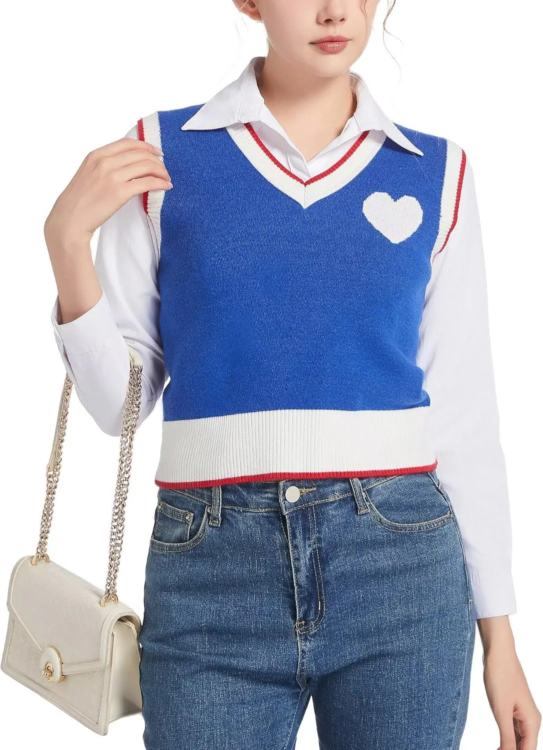 Women Sweater Vest Top for Girl Sleeveless V Neck Short Pullover Tank Color Block Striped Classical Cable Knit