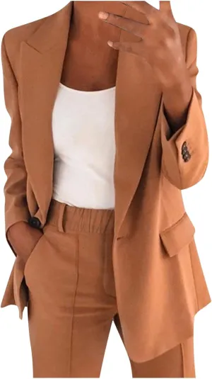 Womens Business Casual Outfits for Work Two Piece Office Sets Long Sleeve Blazer Jacket and Elastic Waist Pants