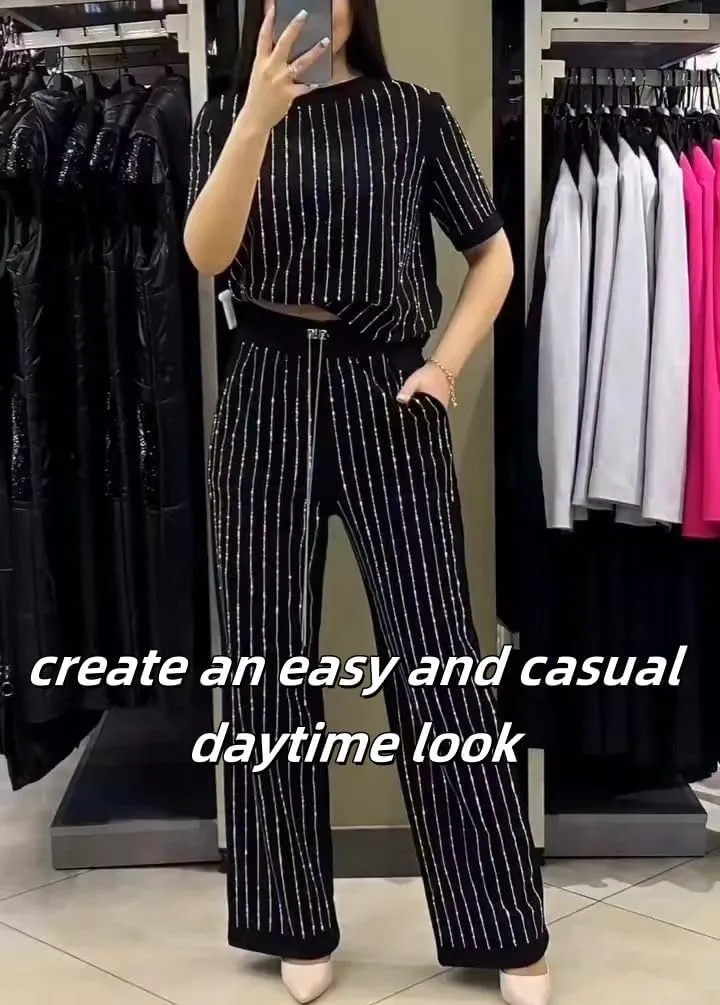 Women's Casual Solid Color Round Neck Hot Diamond Short Sleeve Two-piece Suit, Elegant Stripe Wide Leg Pants 2 Piece Set