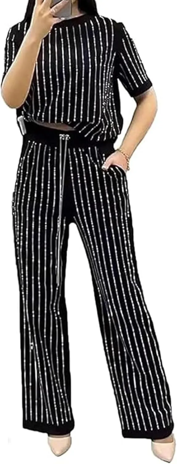 Women's Casual Solid Color Round Neck Hot Diamond Short Sleeve Two-piece Suit, Elegant Stripe Wide Leg Pants 2 Piece Set