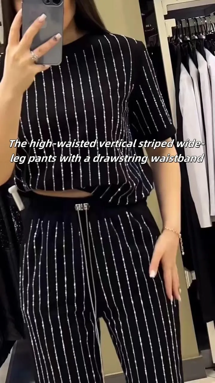 Women's Casual Solid Color Round Neck Hot Diamond Short Sleeve Two-piece Suit, Elegant Stripe Wide Leg Pants 2 Piece Set