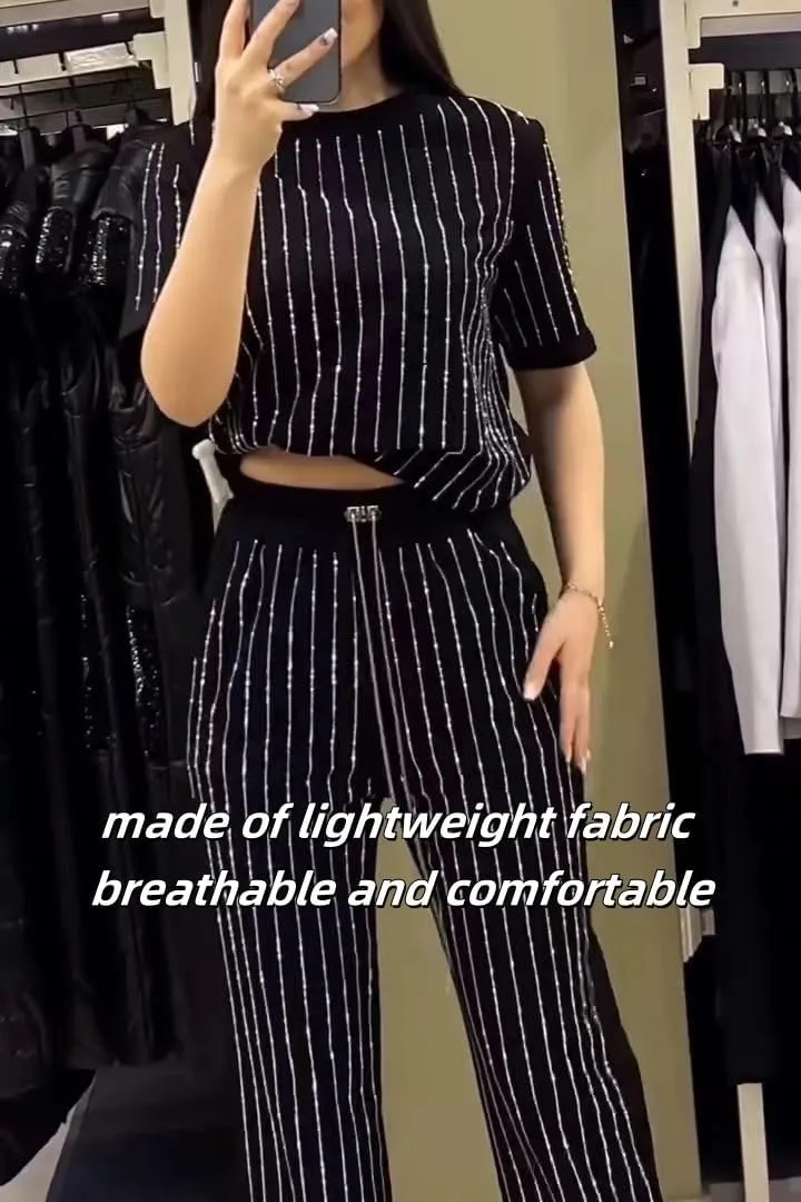 Women's Casual Solid Color Round Neck Hot Diamond Short Sleeve Two-piece Suit, Elegant Stripe Wide Leg Pants 2 Piece Set