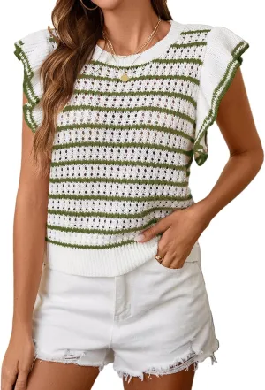 Women's Cute Crochet Knit Striped Sweater Vest Fall 2024 Lightweight Crewneck Ruffles Cap Sleeve Crop Top