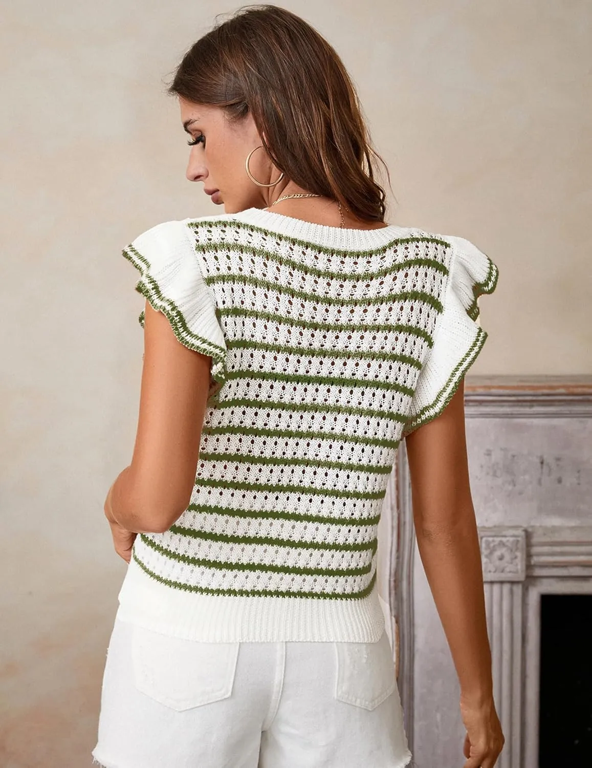 Women's Cute Crochet Knit Striped Sweater Vest Fall 2024 Lightweight Crewneck Ruffles Cap Sleeve Crop Top