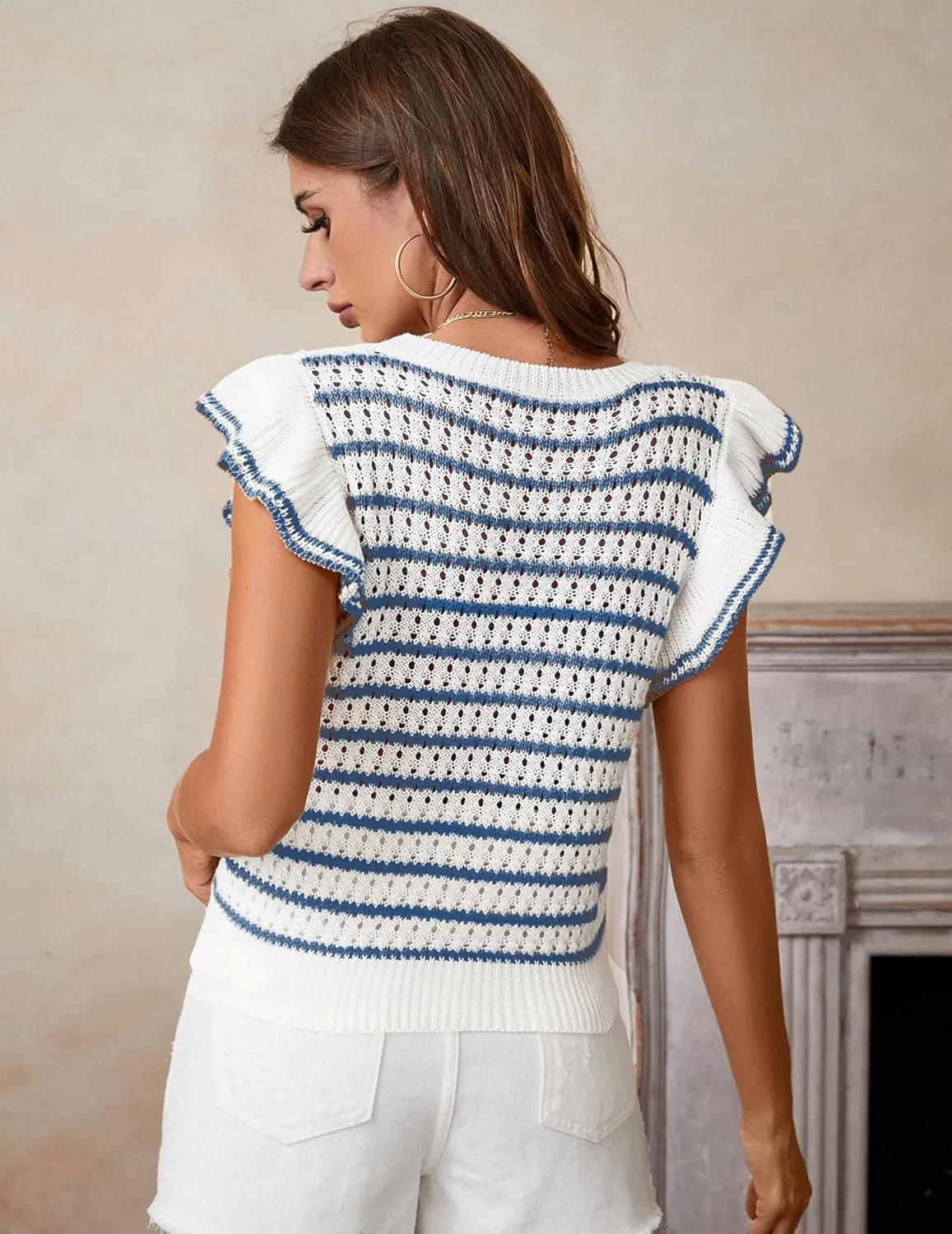 Women's Cute Crochet Knit Striped Sweater Vest Fall 2024 Lightweight Crewneck Ruffles Cap Sleeve Crop Top