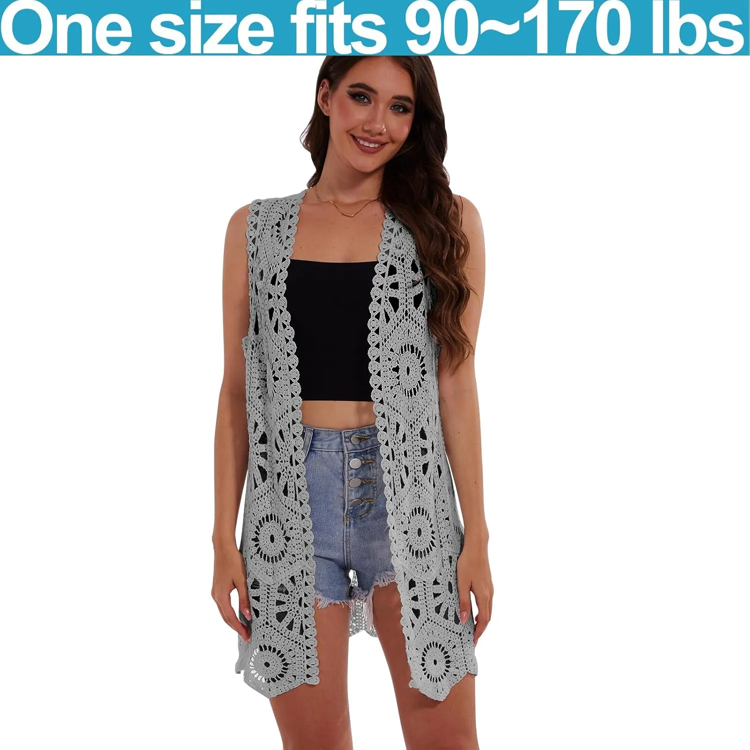 Womens Floral Crochet Lace Boho Trim Sleeveless Open Front Vest Cardigan