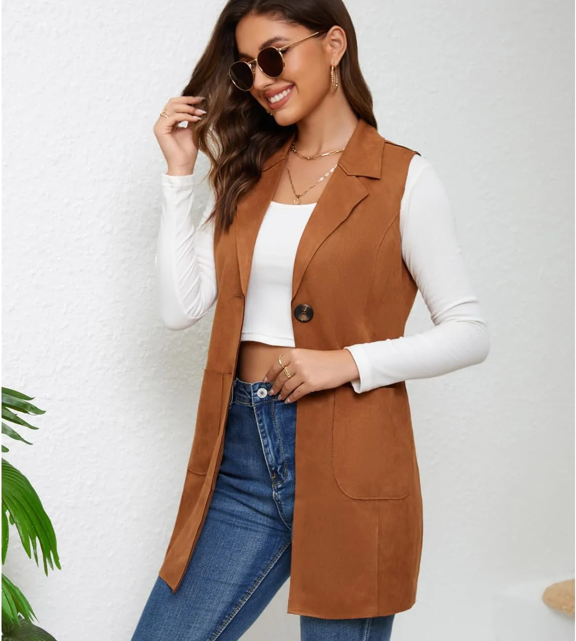 Women's Long Sleeveless Suede Vest Casual Lapel Open Front Duster Vest