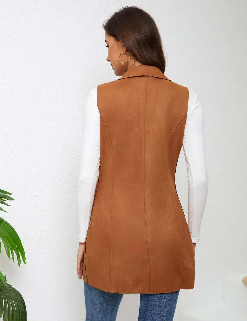 Women's Long Sleeveless Suede Vest Casual Lapel Open Front Duster Vest