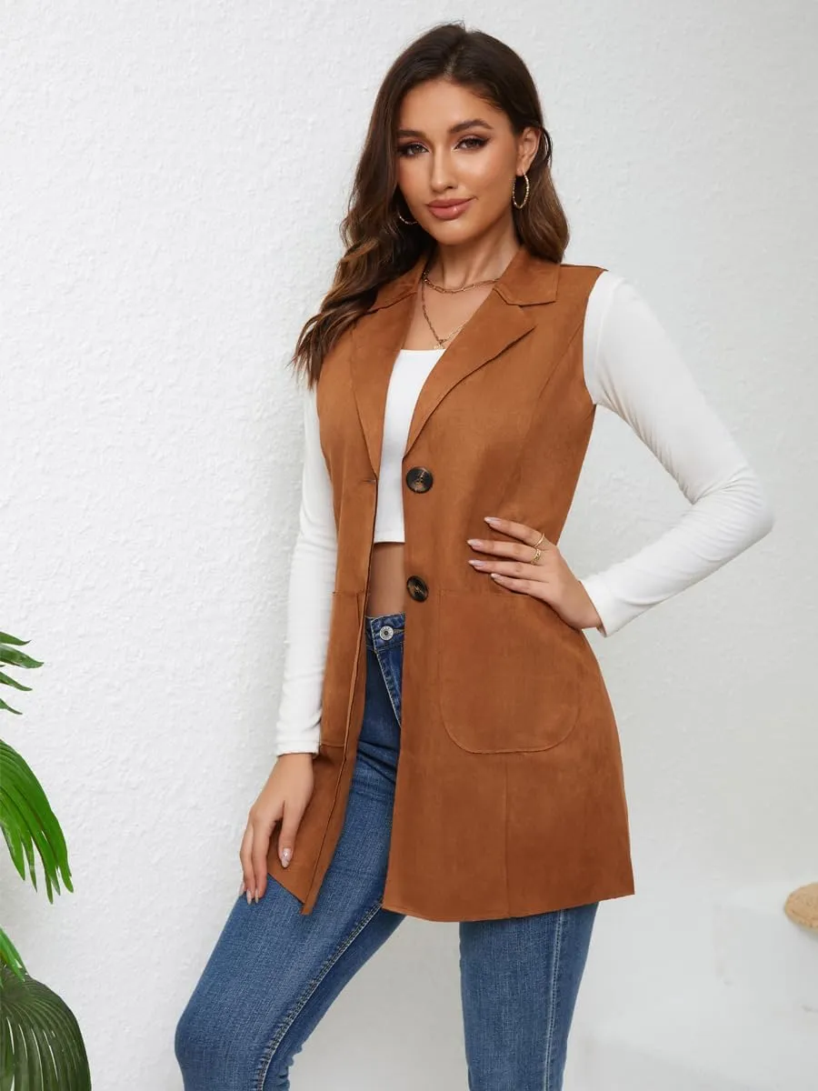 Women's Long Sleeveless Suede Vest Casual Lapel Open Front Duster Vest