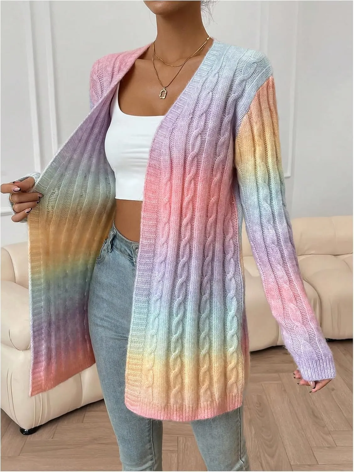 Women's Ombre Print Knitted Cardigan Sweater Long Sleeve Open Front Loose Outwear