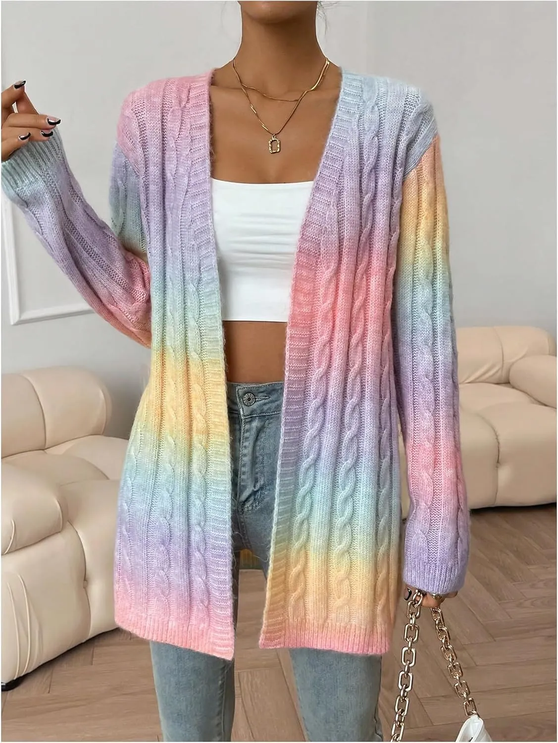 Women's Ombre Print Knitted Cardigan Sweater Long Sleeve Open Front Loose Outwear