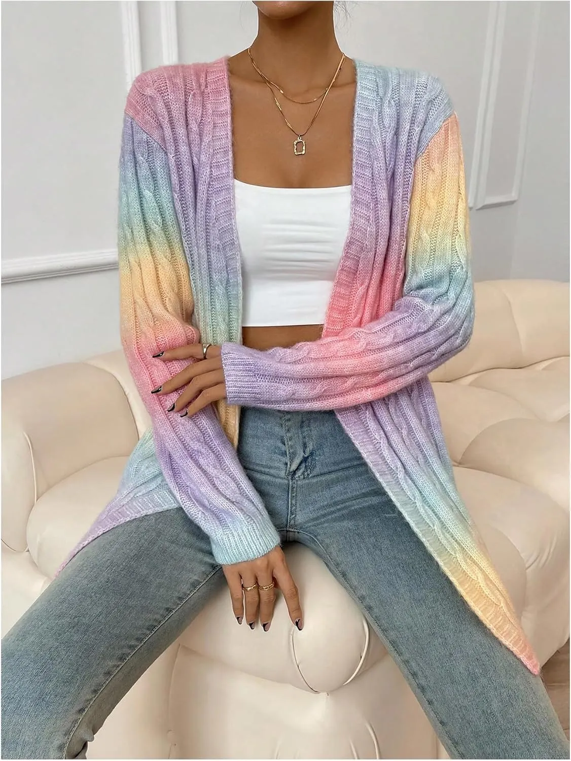 Women's Ombre Print Knitted Cardigan Sweater Long Sleeve Open Front Loose Outwear