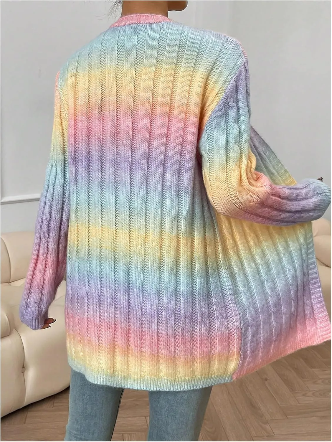 Women's Ombre Print Knitted Cardigan Sweater Long Sleeve Open Front Loose Outwear