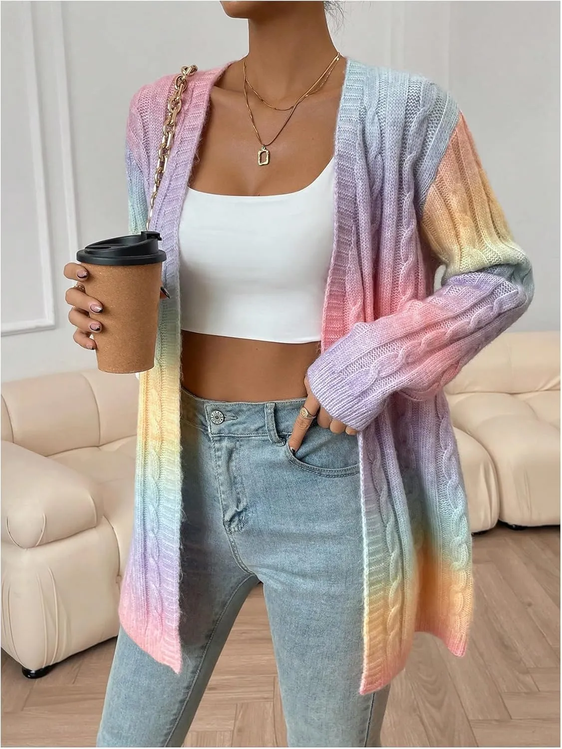 Women's Ombre Print Knitted Cardigan Sweater Long Sleeve Open Front Loose Outwear