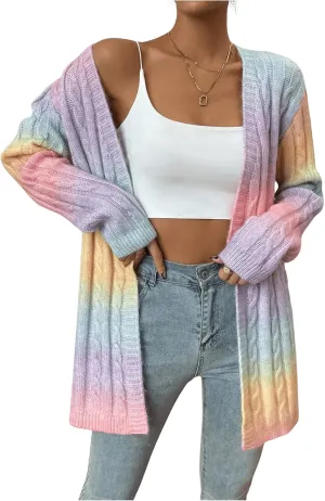Women's Ombre Print Knitted Cardigan Sweater Long Sleeve Open Front Loose Outwear