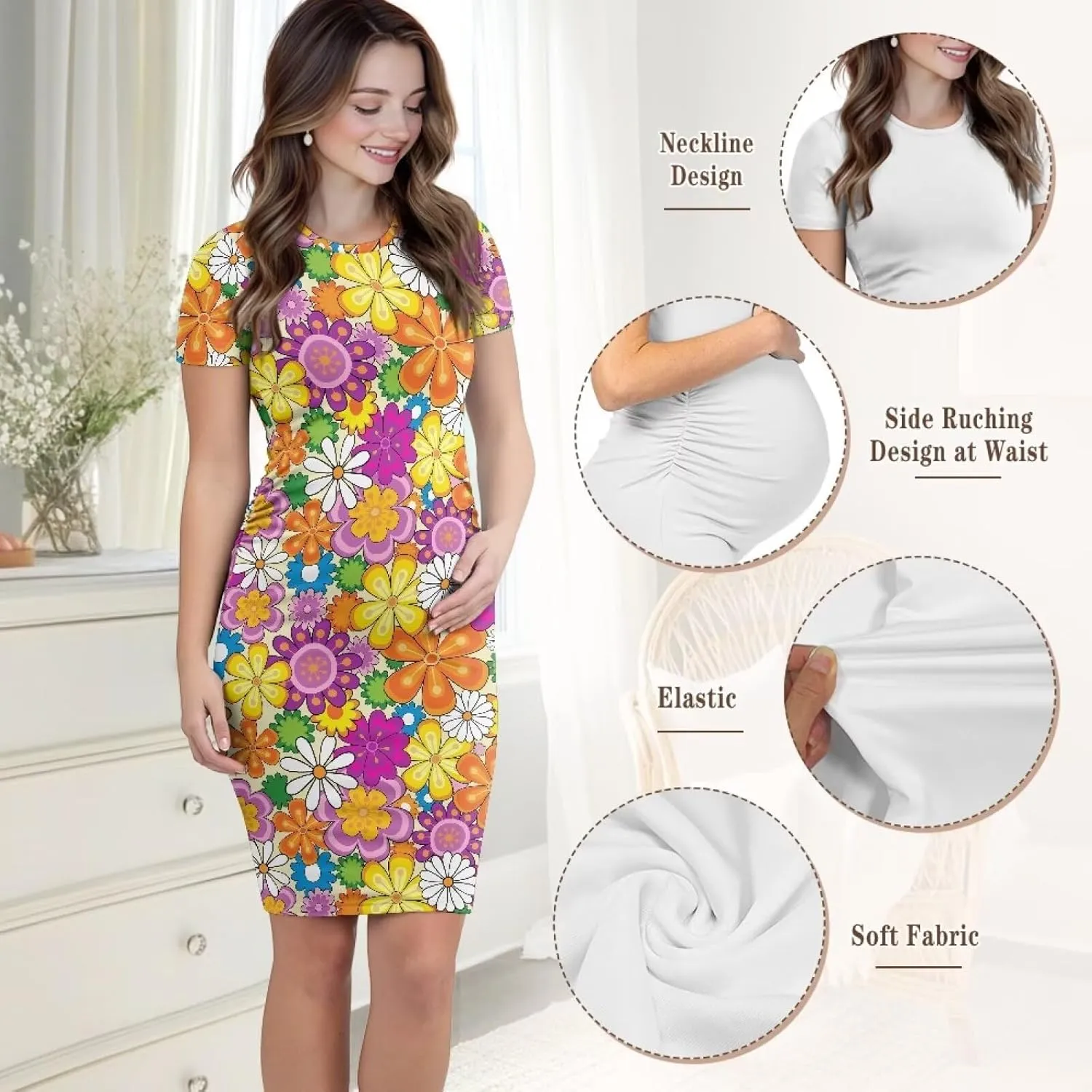 Womens Side Ruched Maternity Dress for Wedding Guest Baby Shower Pregnancy Clothes Ultra-Soft Bodycon Dress S-XXL