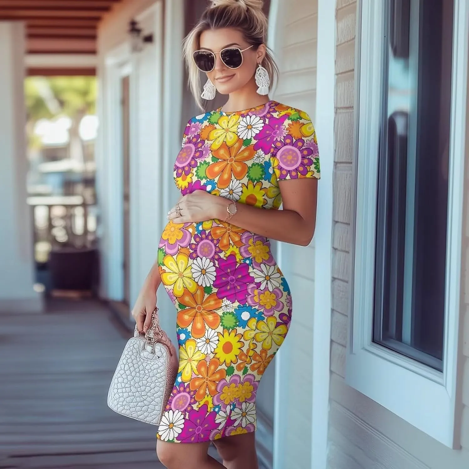 Womens Side Ruched Maternity Dress for Wedding Guest Baby Shower Pregnancy Clothes Ultra-Soft Bodycon Dress S-XXL