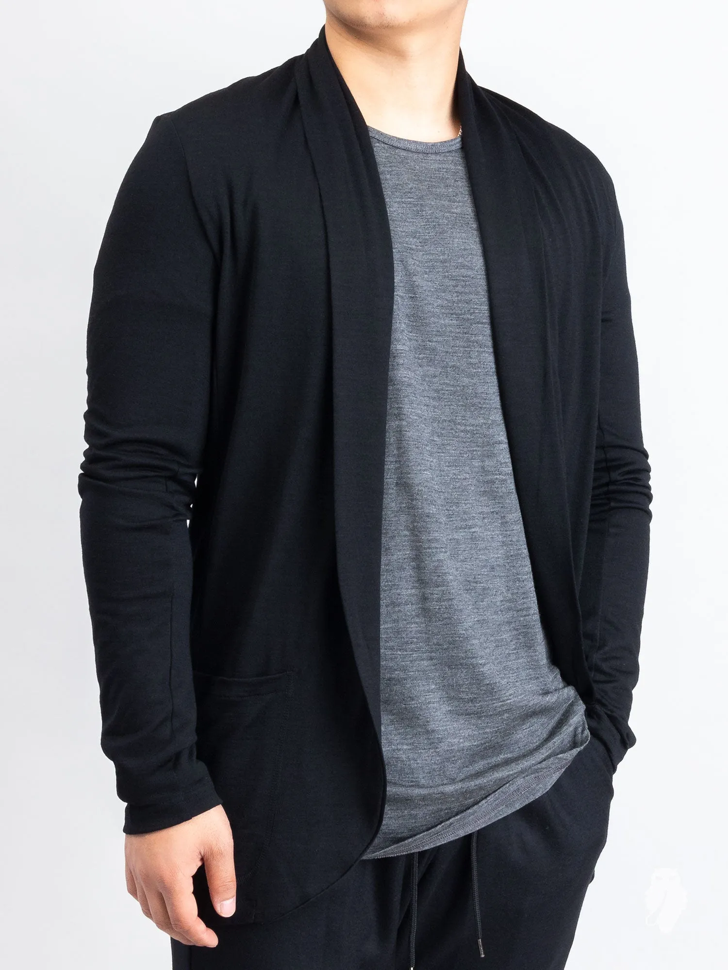 Wool Stole Collar Cardigan in Black