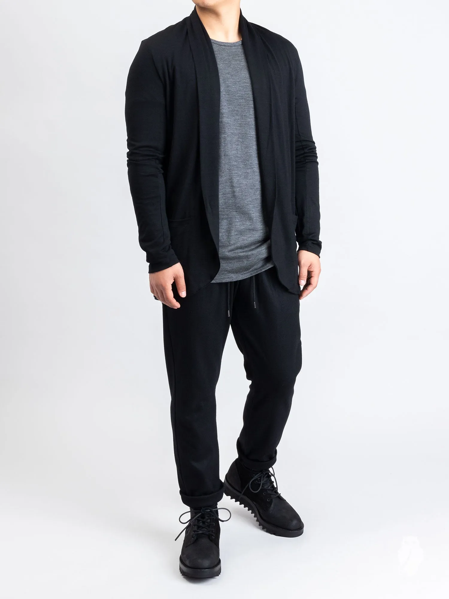 Wool Stole Collar Cardigan in Black