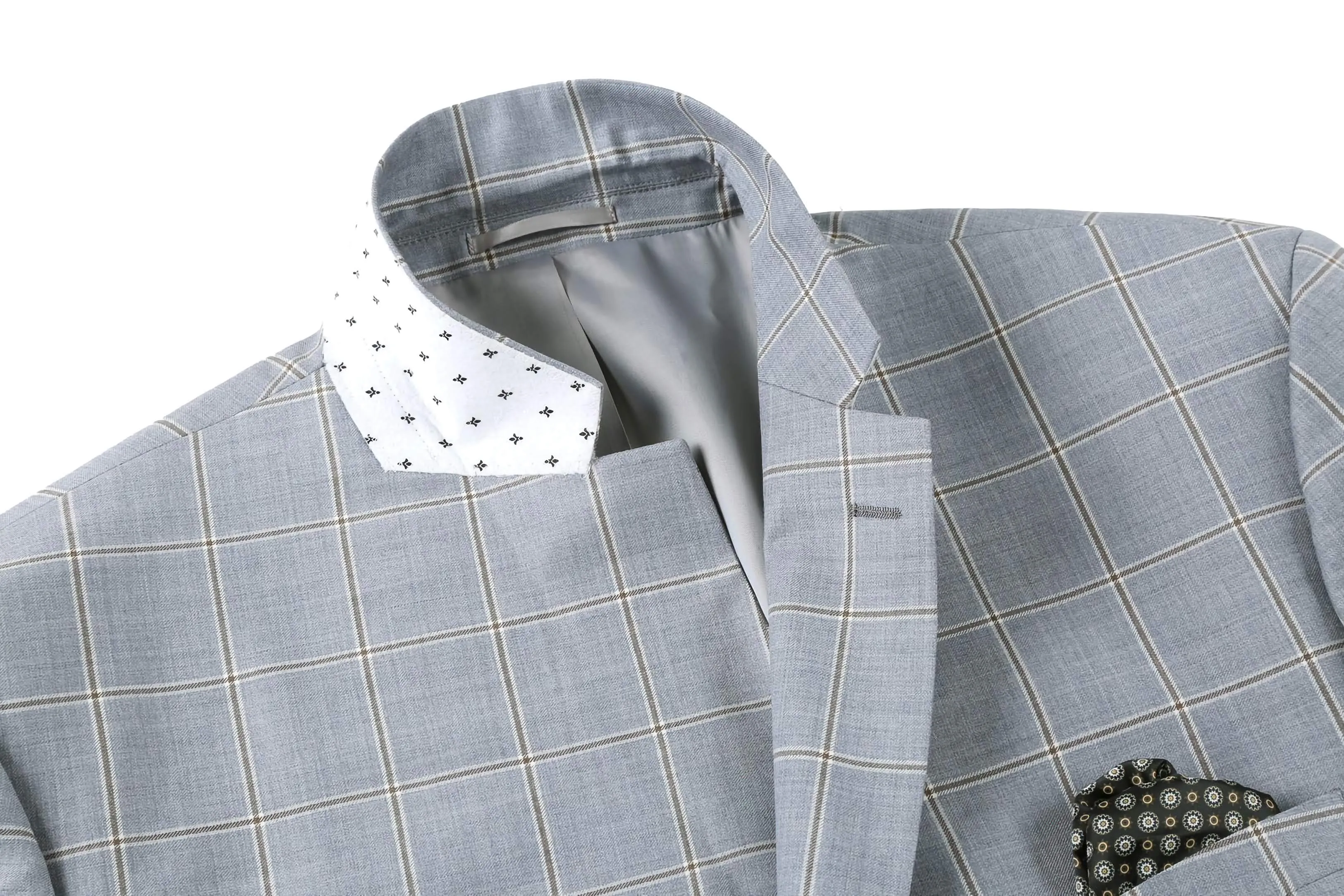 Wool Windowpane Pattern Regular Fit 2 Button Blazer in Stone Blue