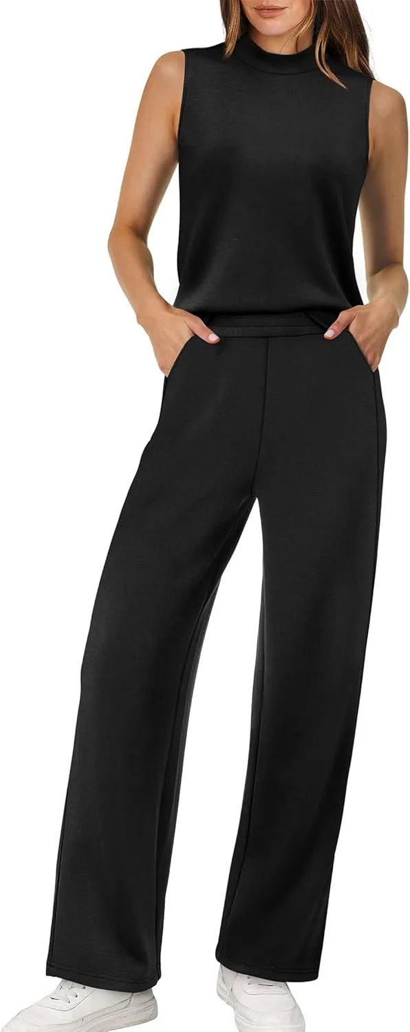 XIEERDUO Two Piece Sets for Women Summer Outfits Travel Mock Neck Lounge Sets Wide Leg Pants Beach Vacation Clothes