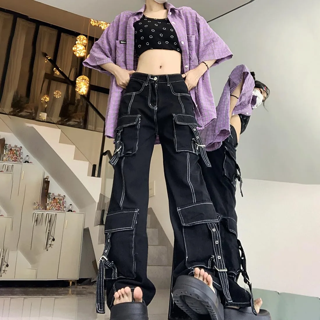 Y2K Gothic Grunge Casual High Waisted Loose Straight Wide Leg Multi Pockets Vintage Black Denim Cargo Pants