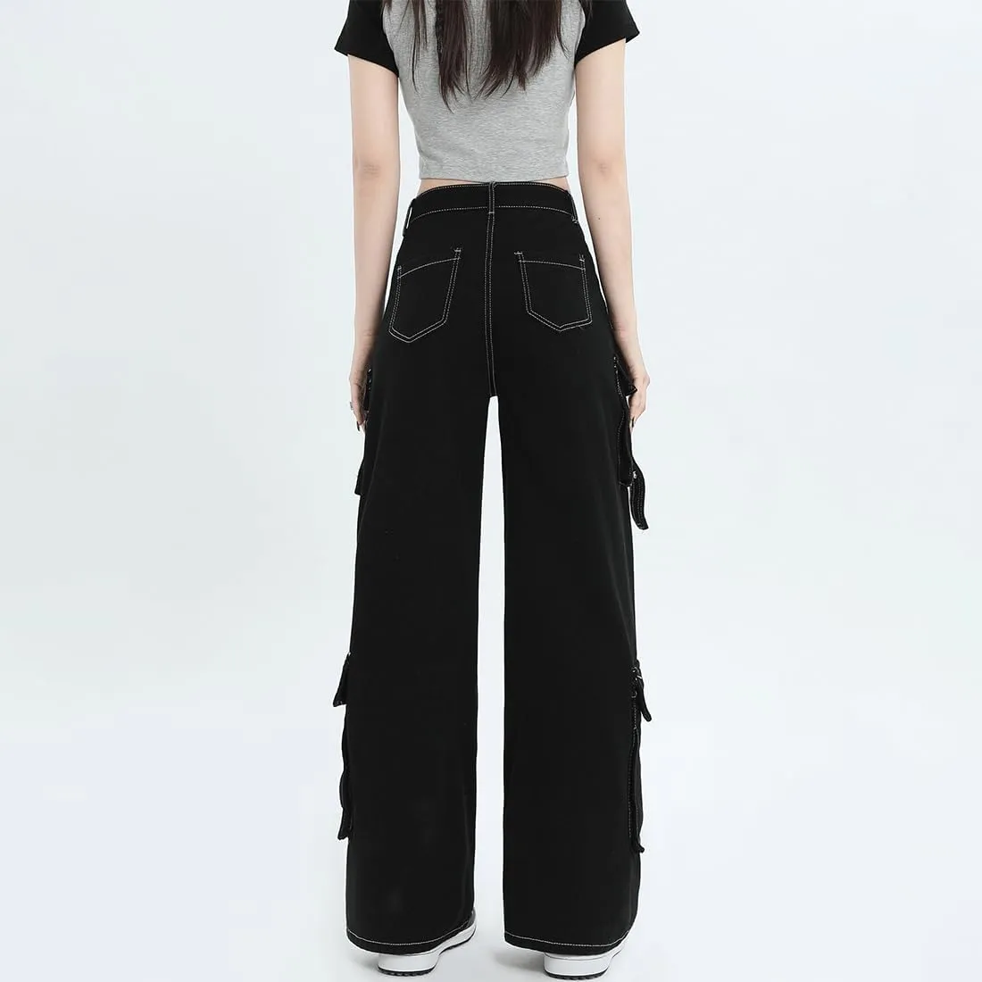 Y2K Gothic Grunge Casual High Waisted Loose Straight Wide Leg Multi Pockets Vintage Black Denim Cargo Pants