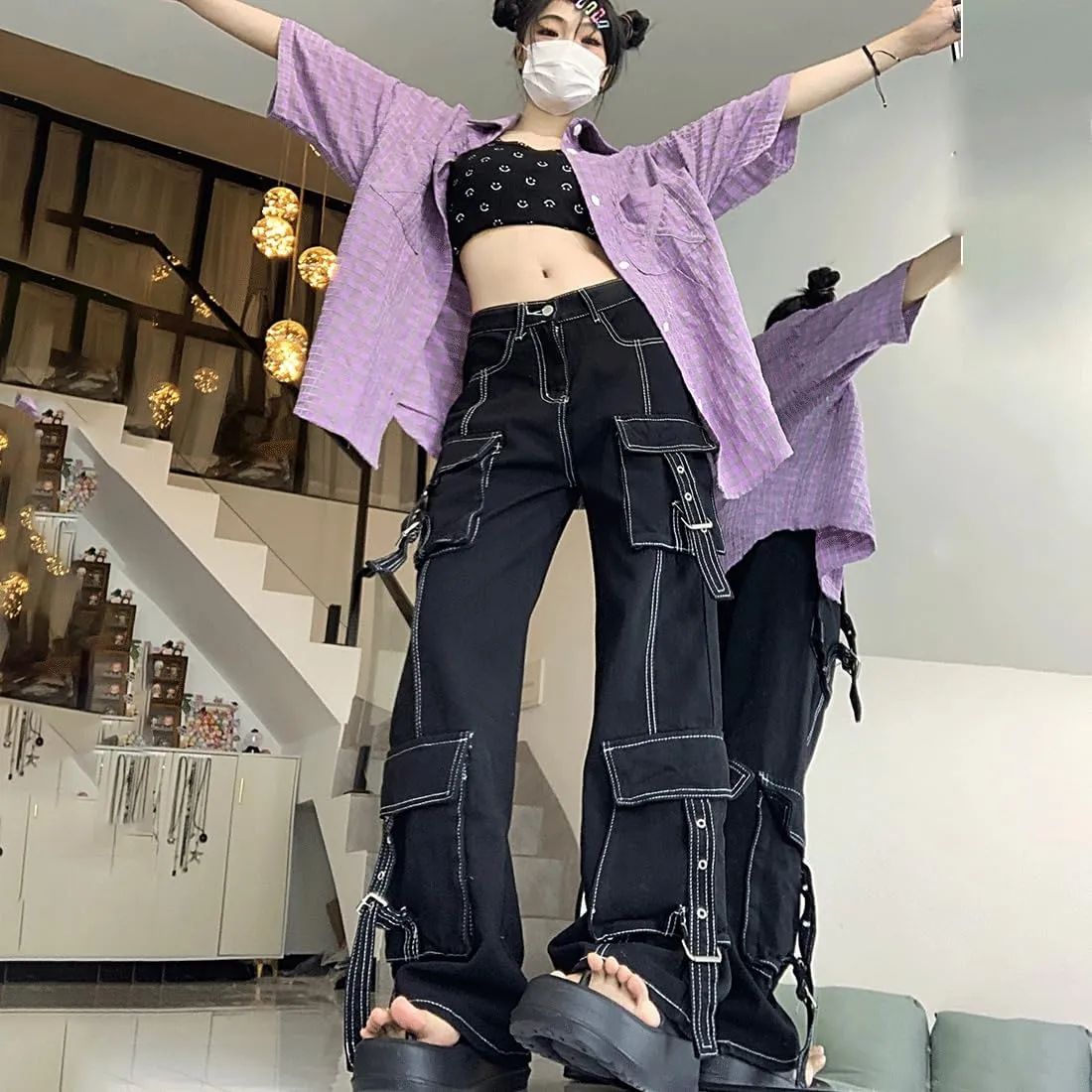 Y2K Gothic Grunge Casual High Waisted Loose Straight Wide Leg Multi Pockets Vintage Black Denim Cargo Pants