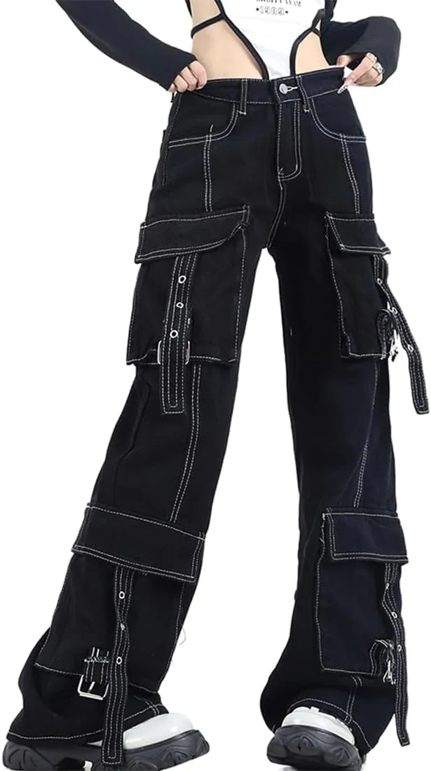 Y2K Gothic Grunge Casual High Waisted Loose Straight Wide Leg Multi Pockets Vintage Black Denim Cargo Pants