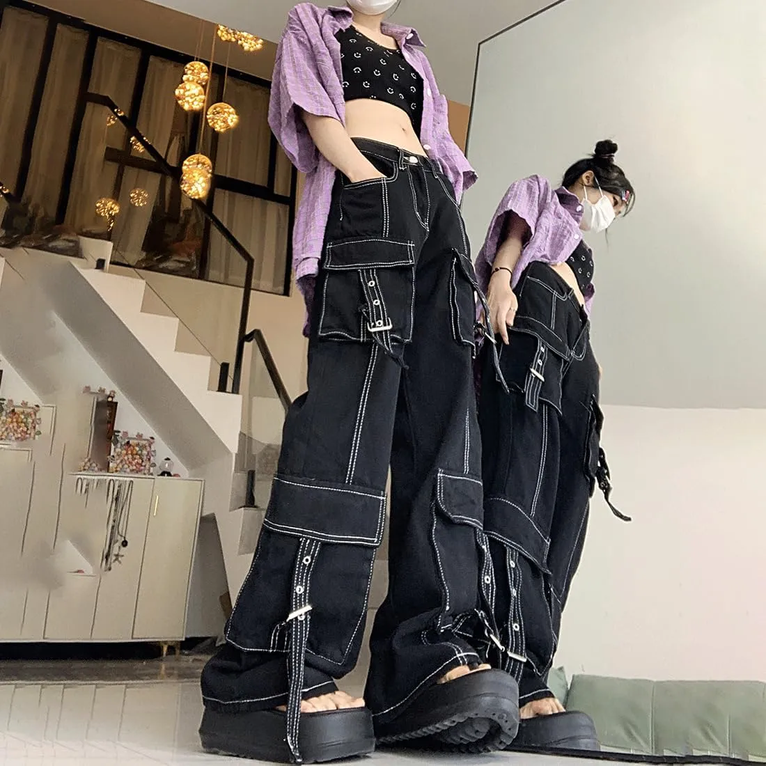 Y2K Gothic Grunge Casual High Waisted Loose Straight Wide Leg Multi Pockets Vintage Black Denim Cargo Pants