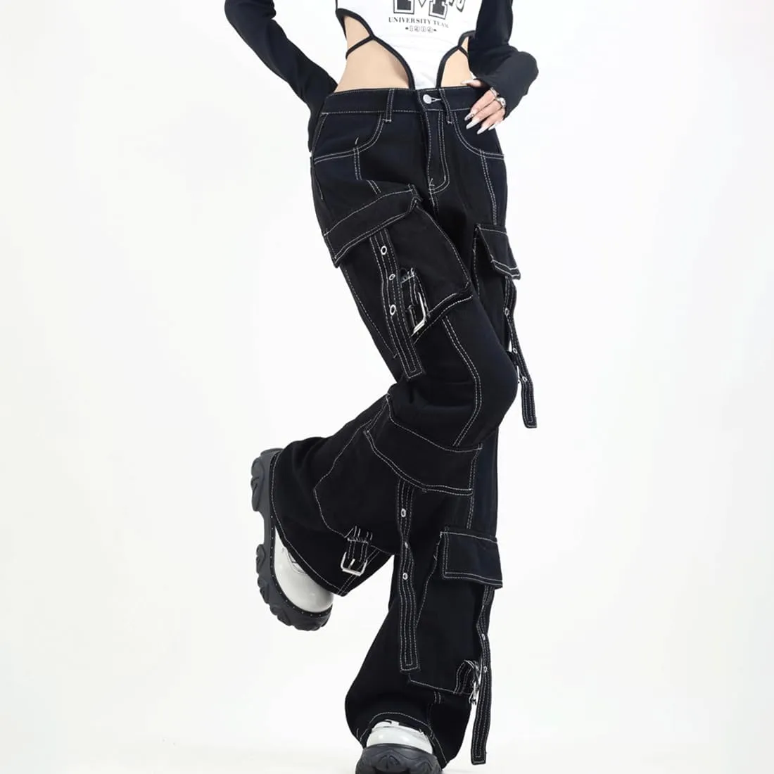Y2K Gothic Grunge Casual High Waisted Loose Straight Wide Leg Multi Pockets Vintage Black Denim Cargo Pants
