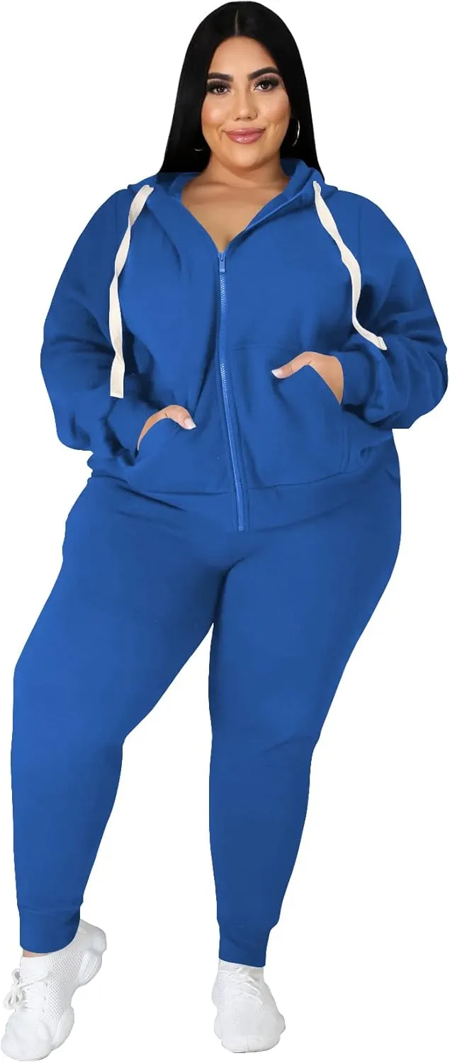 YeGine Womens Plus Size Two Piece Outfits Sweatsuits Casual Long Sleeve Set With Pockets Blue 5XL
