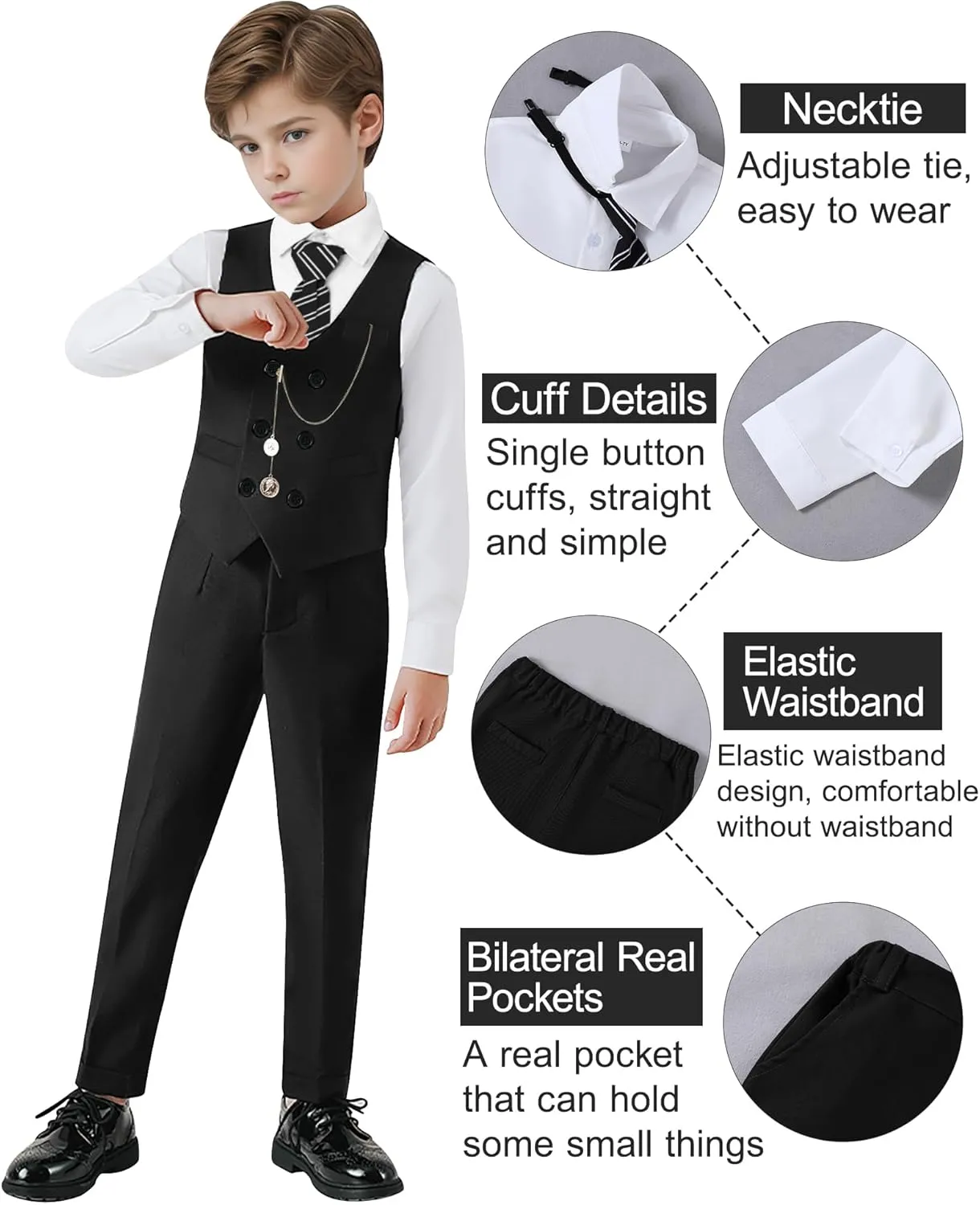 ZOEREA Boys Suit Formal Dress Clothes Big Boy Wedding Outfit Vest Pants Dress Shirt Chain Adjustable Tie 6-10Y